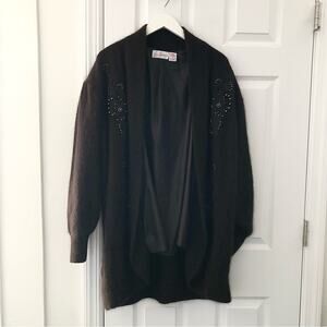 Eddie Wassin Vintage Brown Angora Blend Open Cocoon Fuzzy Cardigan Beaded Small